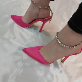 ANDREA WOMEN'S SATIN DIAMANTE ANKLE CHAIN COURT SHOES FUCHSIA
