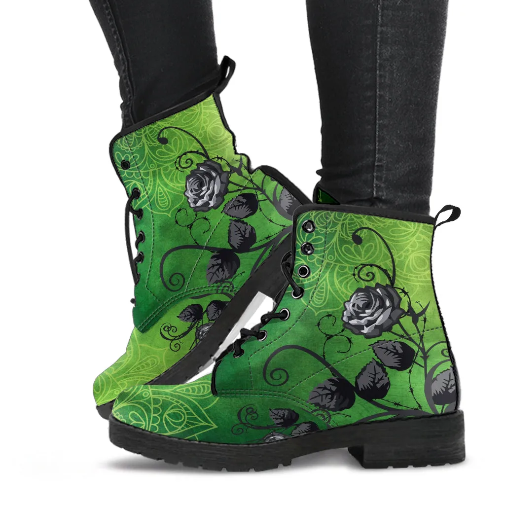 Combat Boots - Gray Roses Green Mandala, Green Boots | Wedding Shoes Women's Boots, Handmade Lace Up Boots, Aesthetic Cute Kawaii 90s Boots
