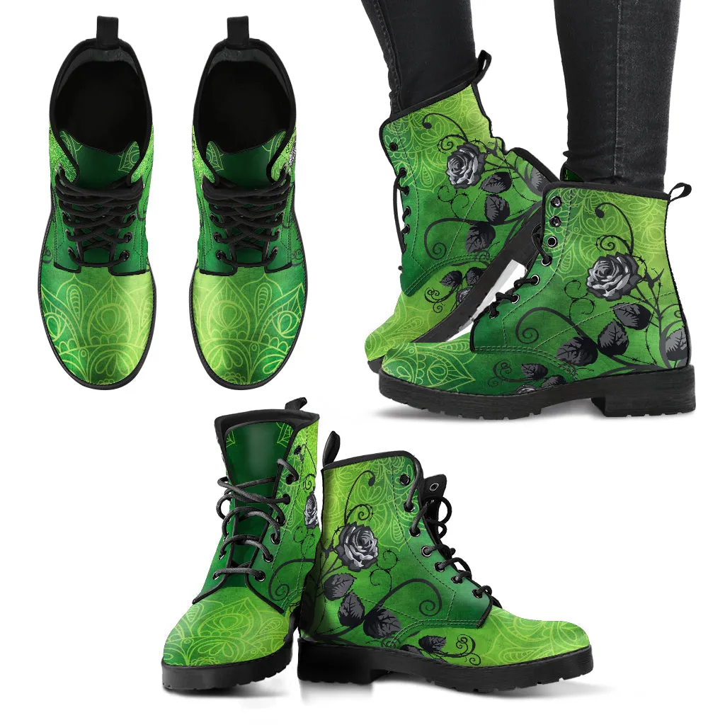 Combat Boots - Gray Roses Green Mandala, Green Boots | Wedding Shoes Women's Boots, Handmade Lace Up Boots, Aesthetic Cute Kawaii 90s Boots