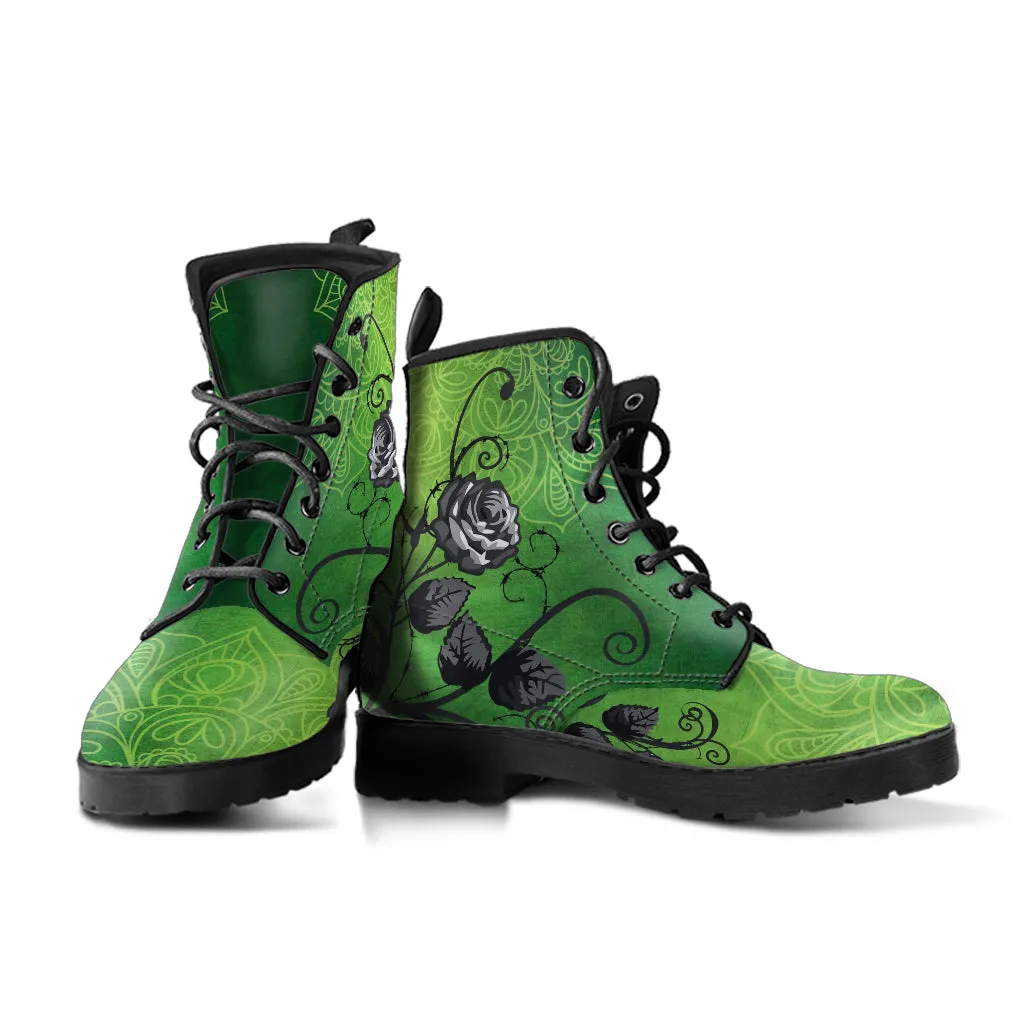 Combat Boots - Gray Roses Green Mandala, Green Boots | Wedding Shoes Women's Boots, Handmade Lace Up Boots, Aesthetic Cute Kawaii 90s Boots