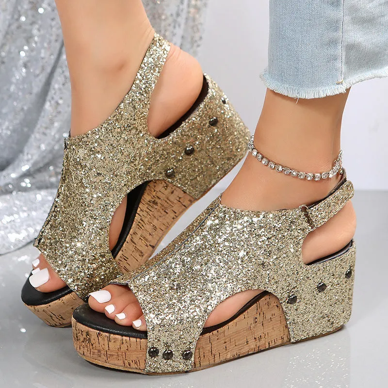 Comelyy Roman Sandals Sequin Flat Wedge Platform Sandals Ladies Sandals