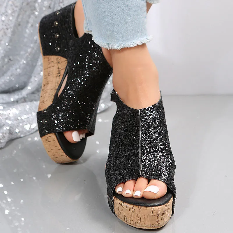Comelyy Roman Sandals Sequin Flat Wedge Platform Sandals Ladies Sandals