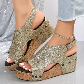 Comelyy Roman Sandals Sequin Flat Wedge Platform Sandals Ladies Sandals