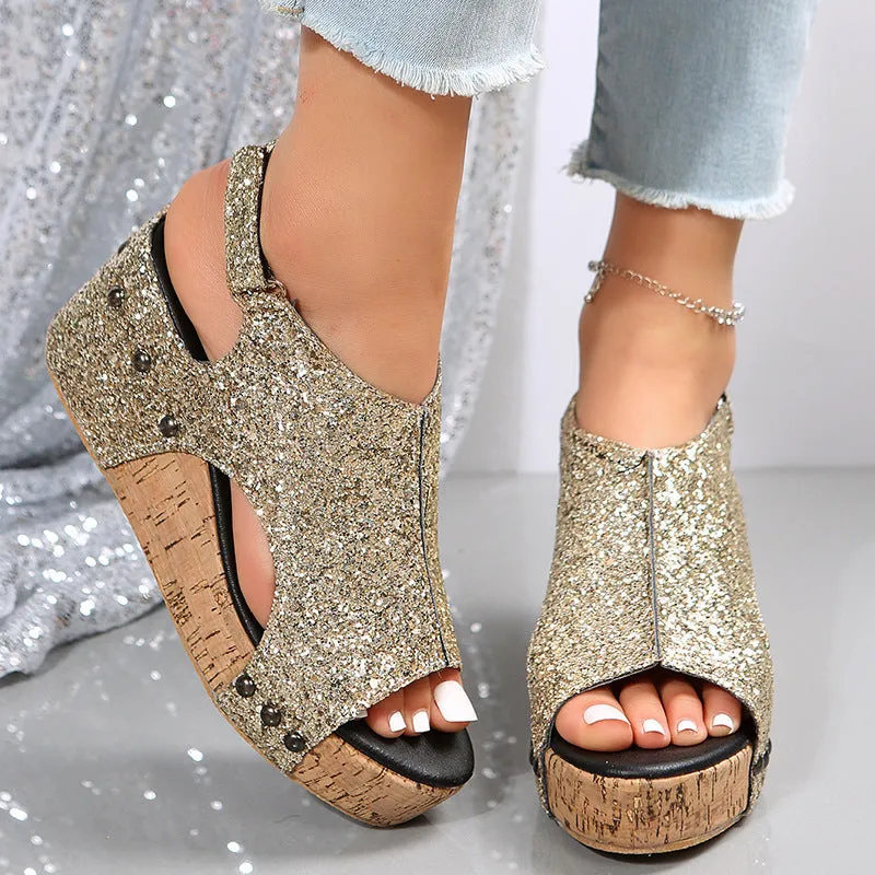 Comelyy Roman Sandals Sequin Flat Wedge Platform Sandals Ladies Sandals