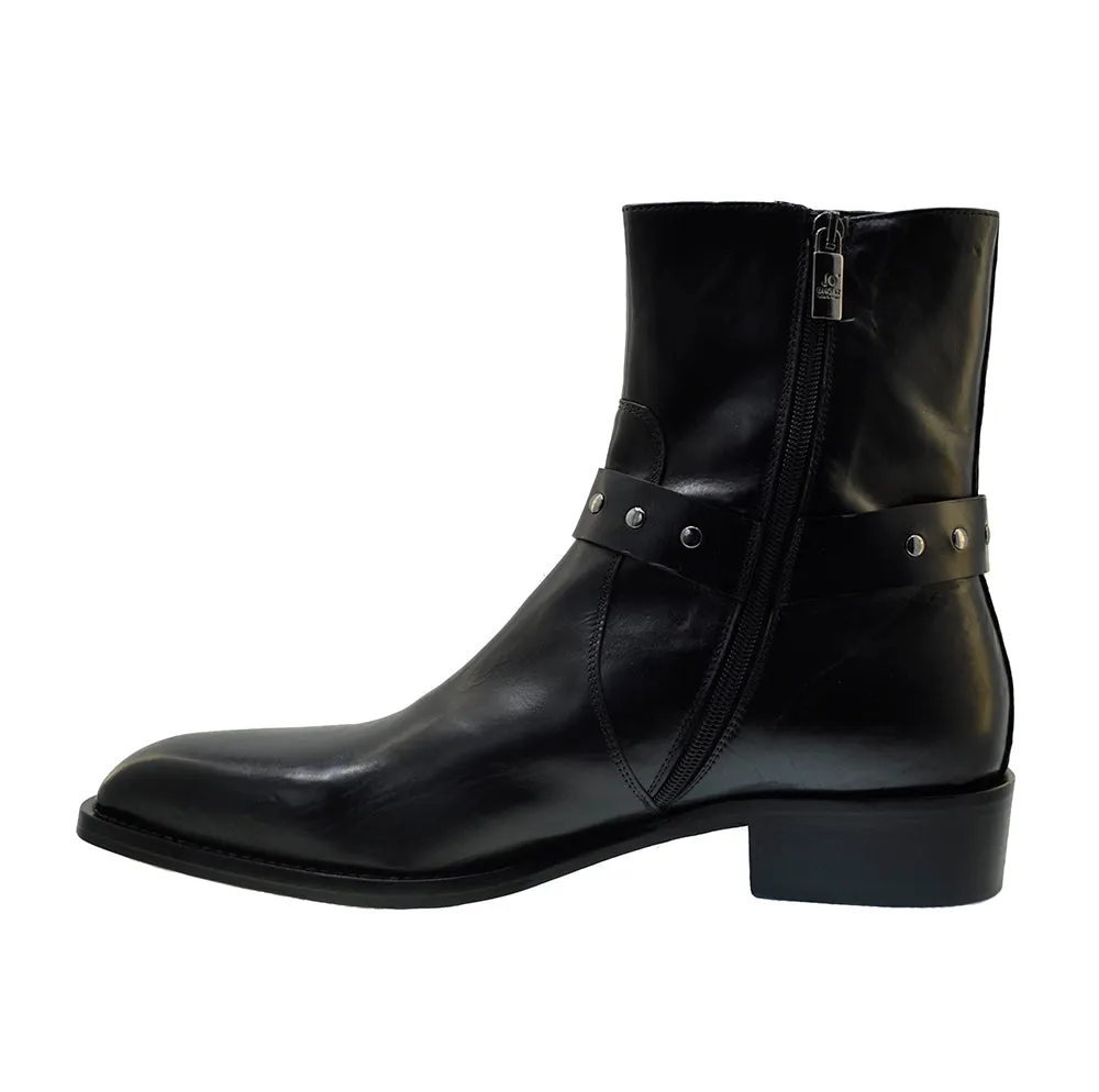 Men's Italian Shoes Jo Ghost 4942 Black Leather Harness Western Ankle Boots