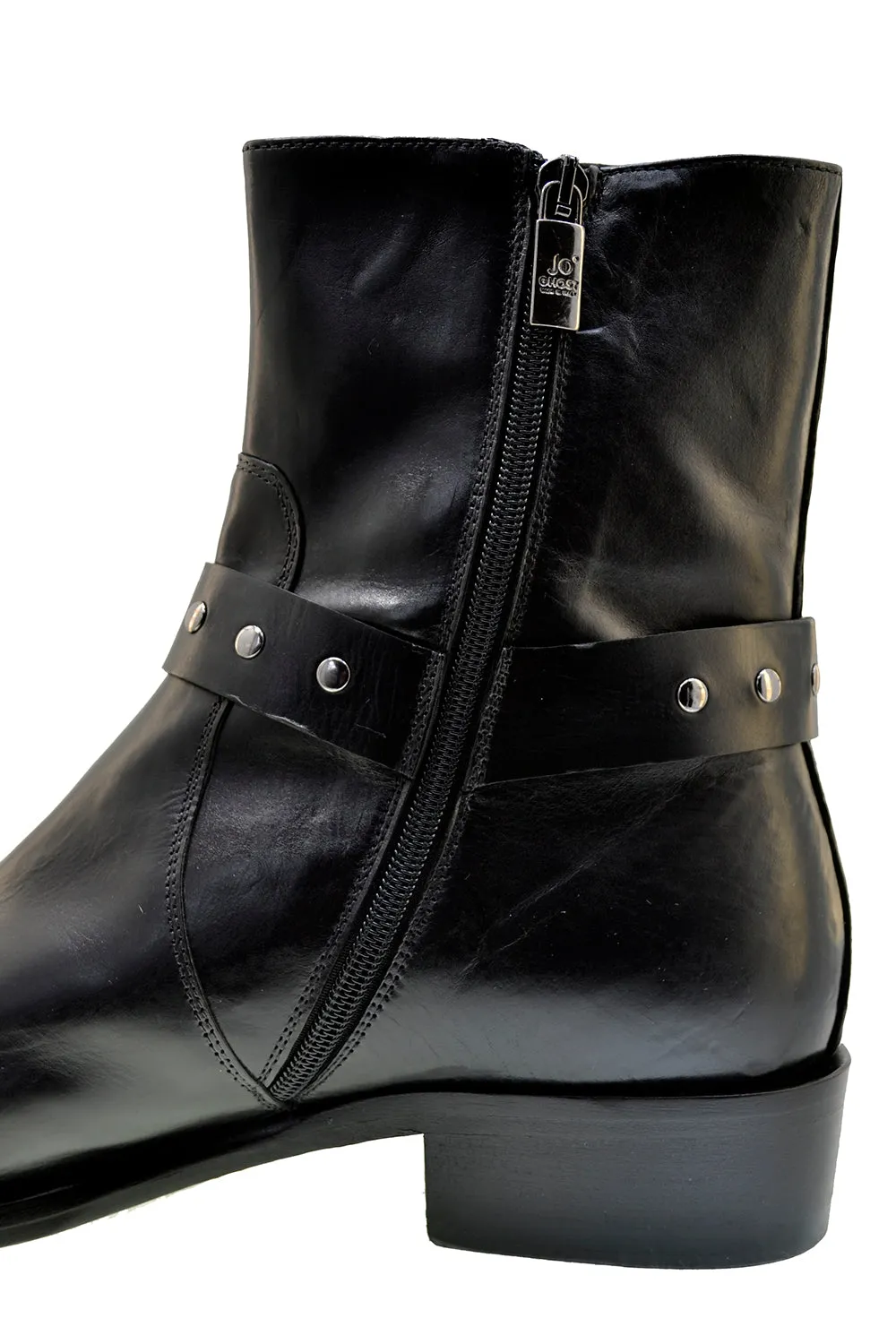 Men's Italian Shoes Jo Ghost 4942 Black Leather Harness Western Ankle Boots