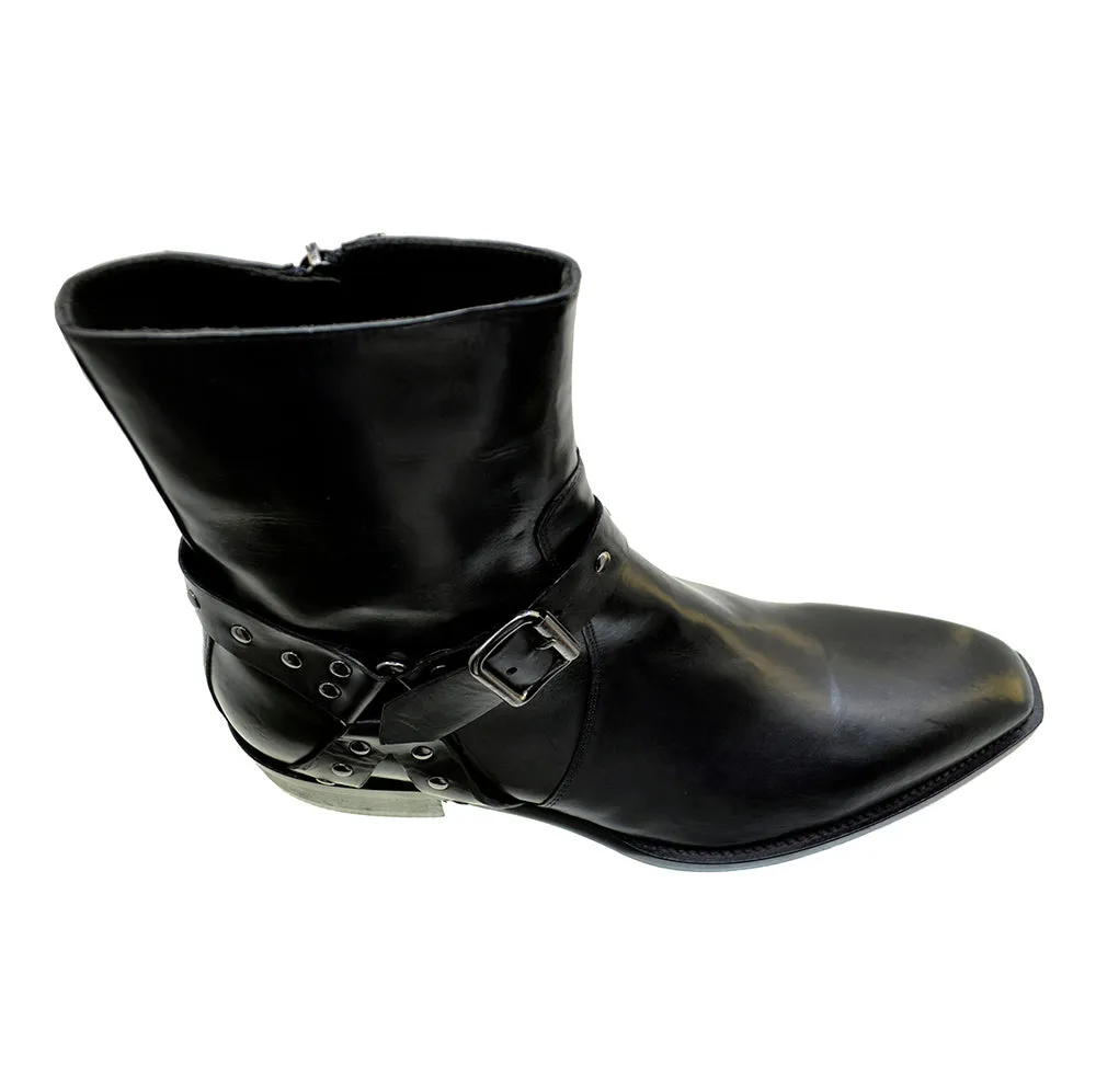 Men's Italian Shoes Jo Ghost 4942 Black Leather Harness Western Ankle Boots