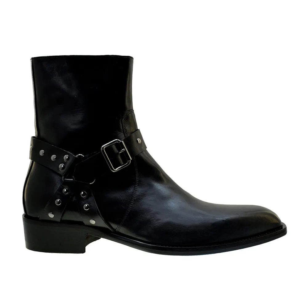 Men's Italian Shoes Jo Ghost 4942 Black Leather Harness Western Ankle Boots