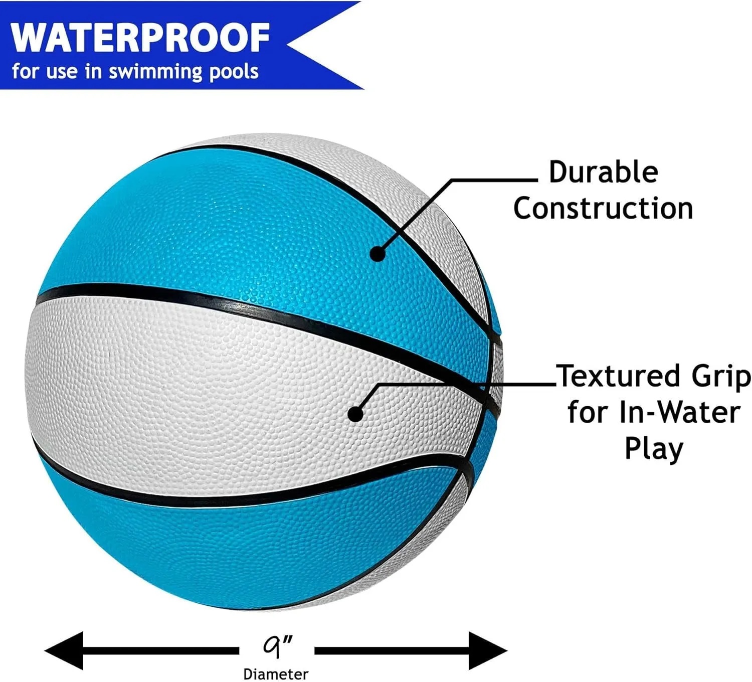 Regulation Size 9'' Swimming Pool Basketball, Waterproof, Blue (Size 6), for Ages 12 , 1 Piece