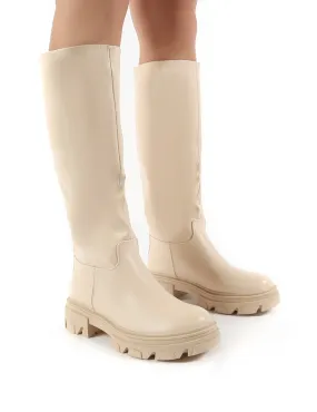 Sabrina Beige Knee High Chunky Sole Boots