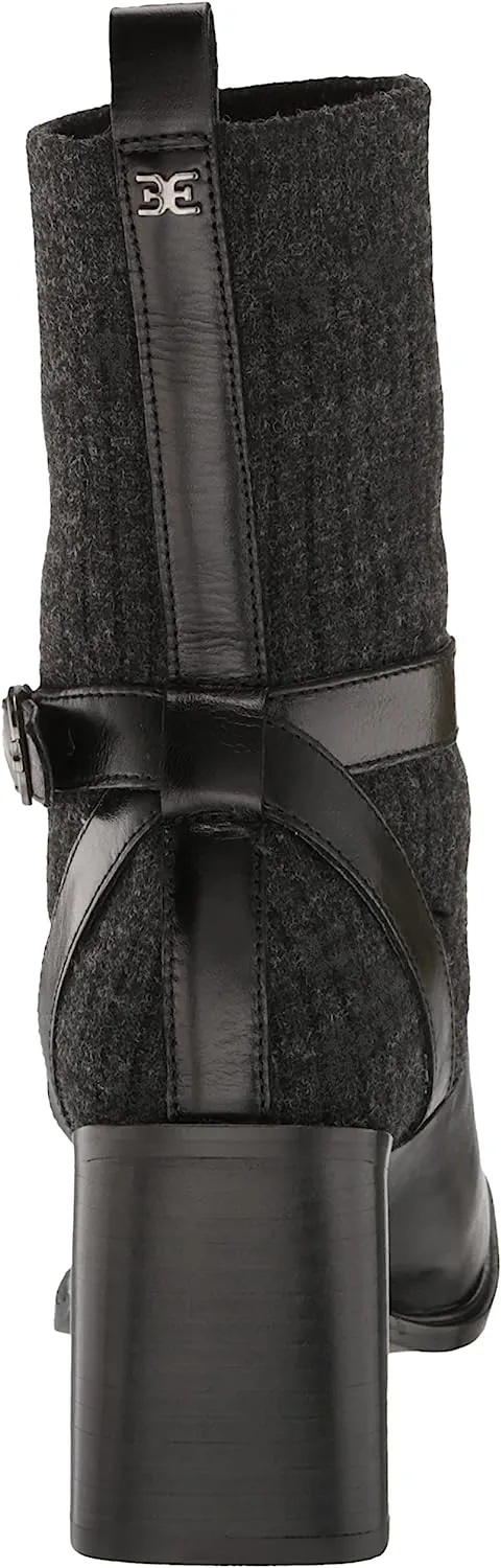 Sam Edelman Marci Black/Dark Grey Buckle Strap Wooven Ankle Fabric Heel Boots