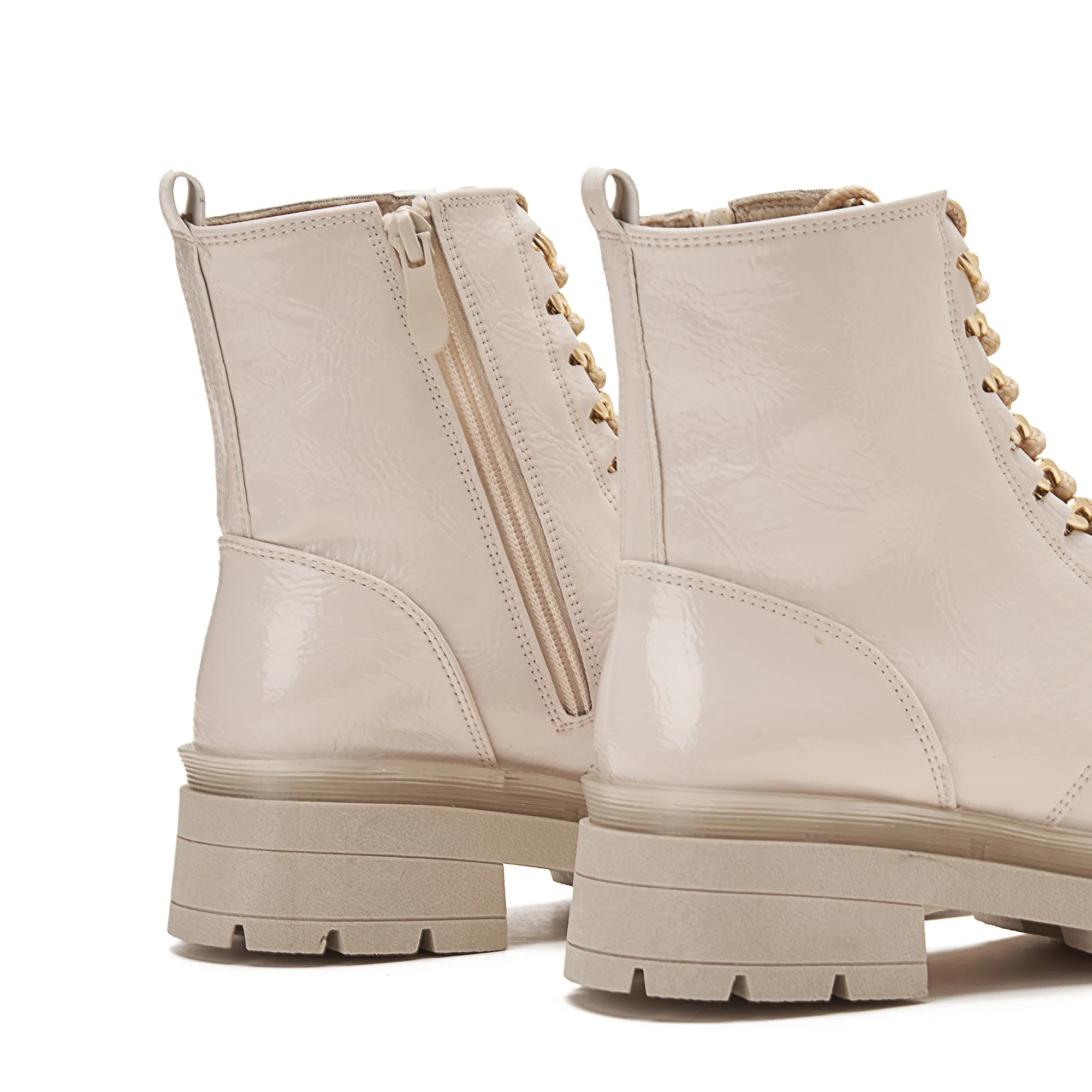 Women Shiny Chunky Lace Up Boots With Golden Accessory - Beige