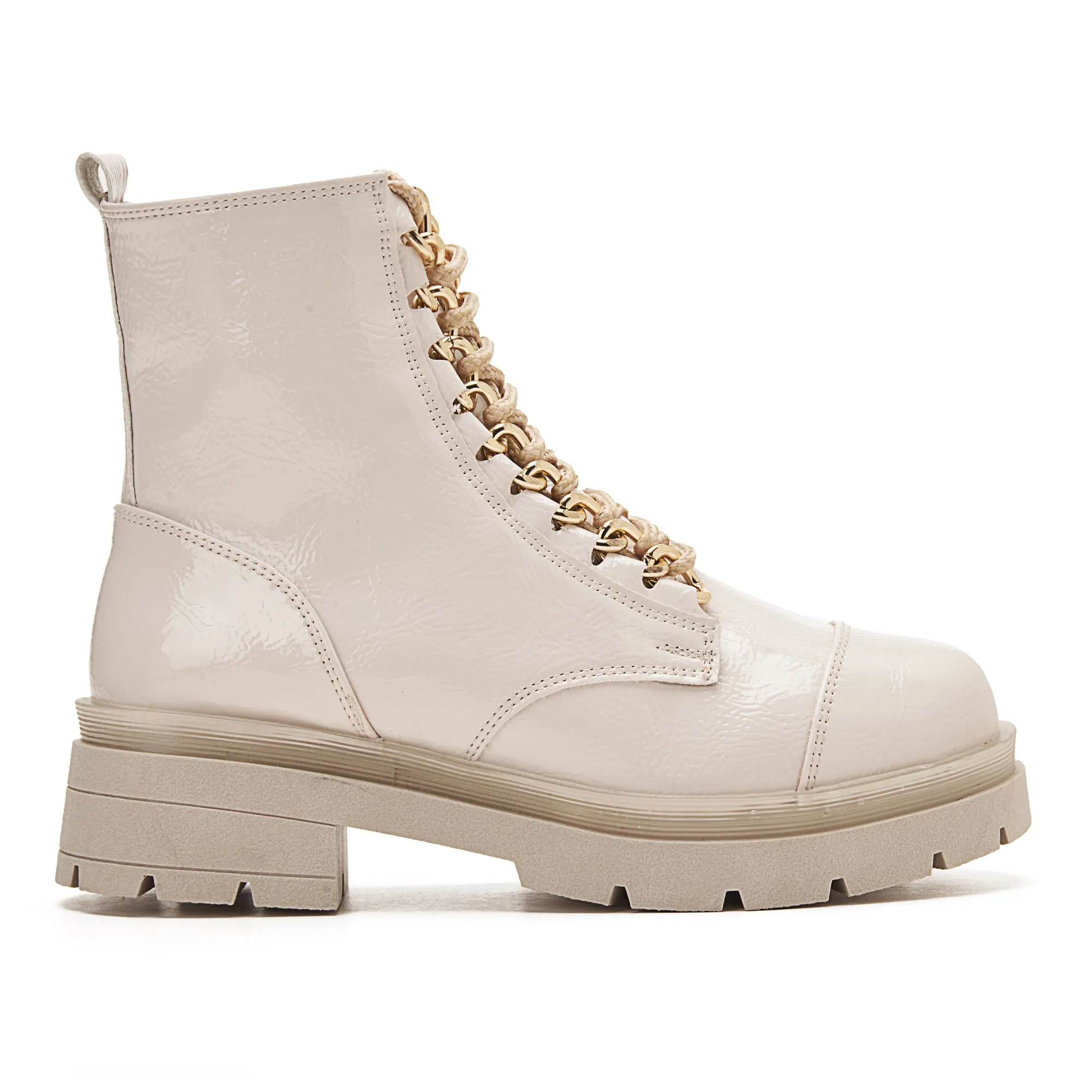 Women Shiny Chunky Lace Up Boots With Golden Accessory - Beige