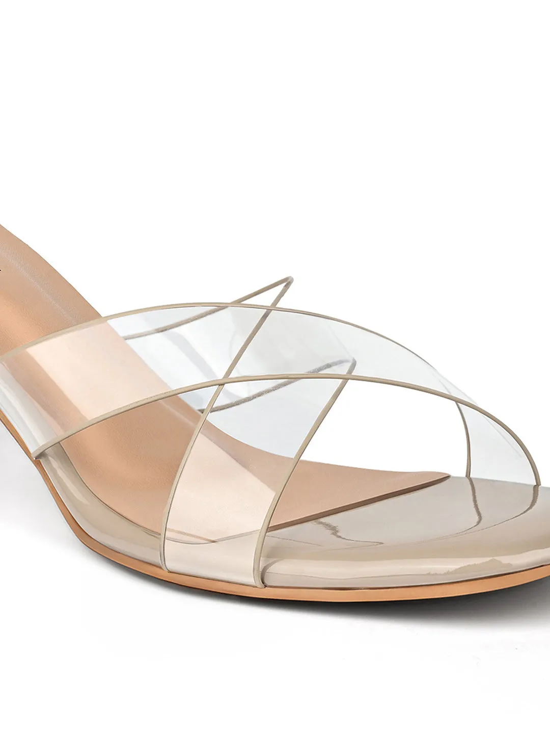 Women's Beige Transparent Cross Strap Block Heel Lightweight Sandals