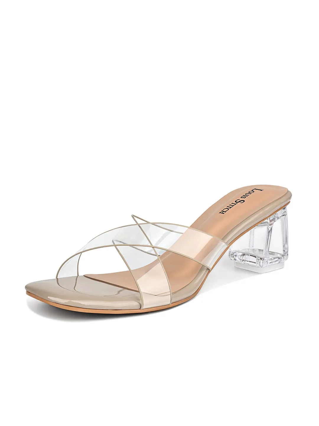 Women's Beige Transparent Cross Strap Block Heel Lightweight Sandals