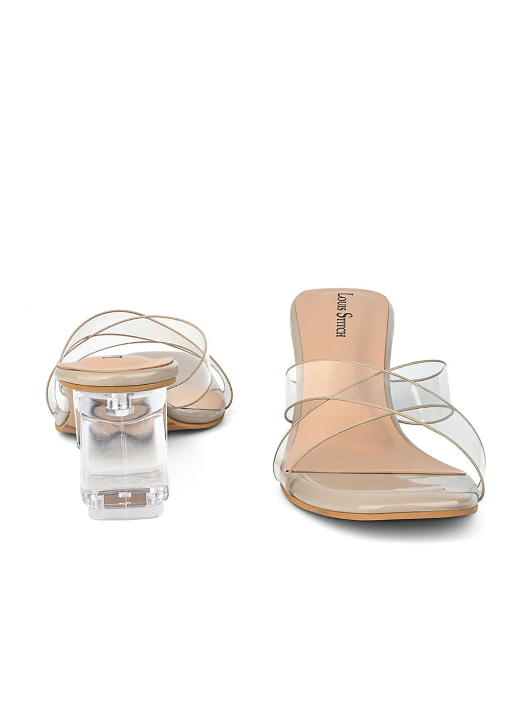 Women's Beige Transparent Cross Strap Block Heel Lightweight Sandals