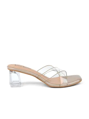 Women's Beige Transparent Cross Strap Block Heel Lightweight Sandals