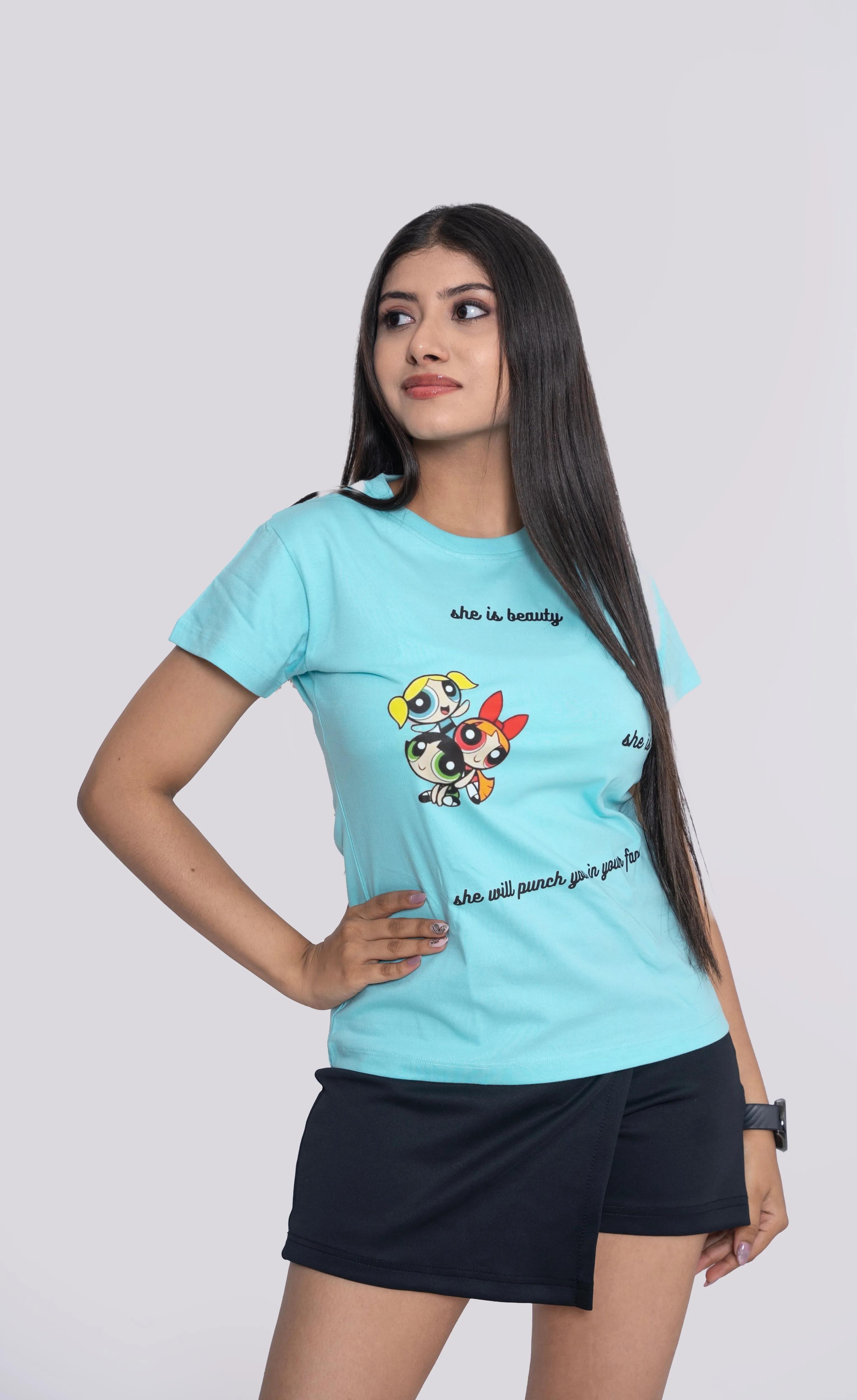Women's Sky Blue PowerPuff Graphic Printed Classic Fit Tshirt
