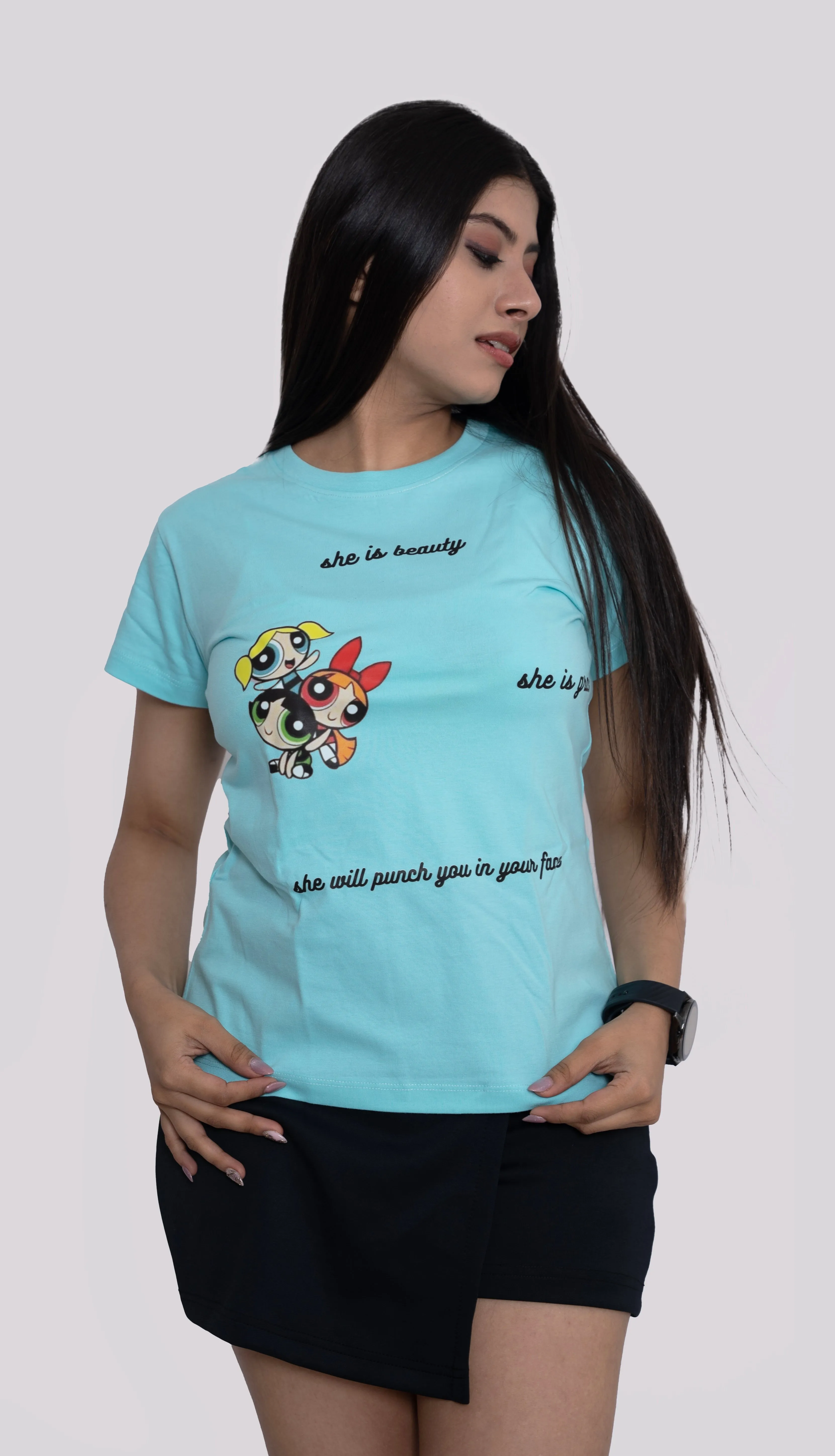 Women's Sky Blue PowerPuff Graphic Printed Classic Fit Tshirt