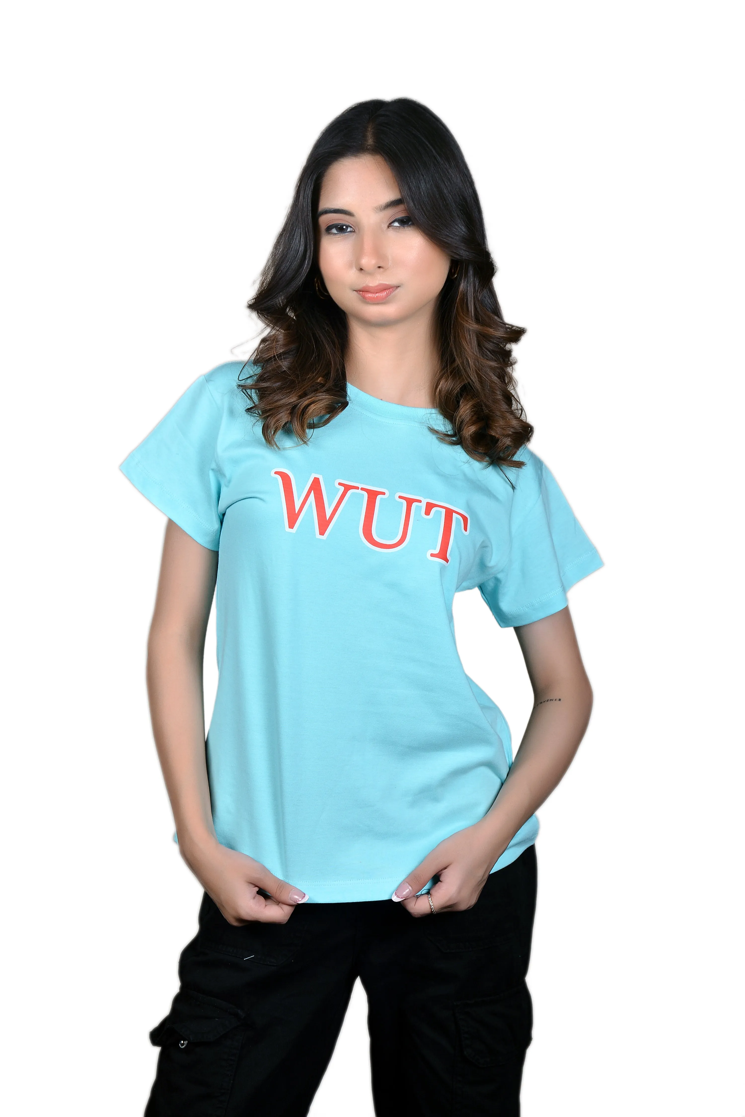 Women's Sky Blue WUT Graphic Printed Classic Fit Tshirt